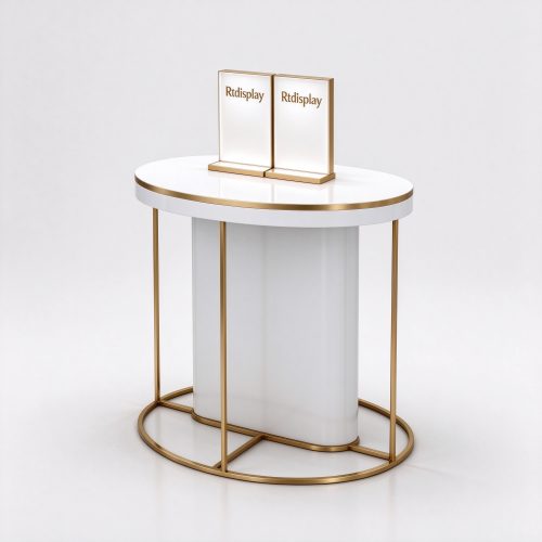 D-shaped white perfume display table left 45 degree view