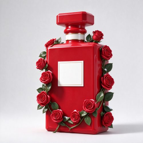Wall-mounted red perfume bottle sculpture left 45 degree view
