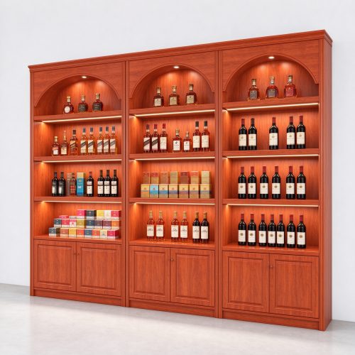 Warm cherry wood tobacco and wine display cabinet with LED shelves - left 45 view