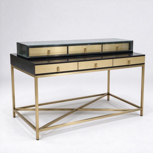 Brushed brass perfume display table left 45 degree view