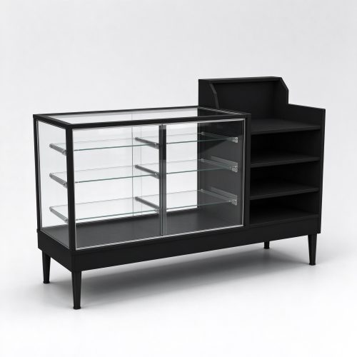 Matte black glass display counter with open shelving on slender legs - left 45 view