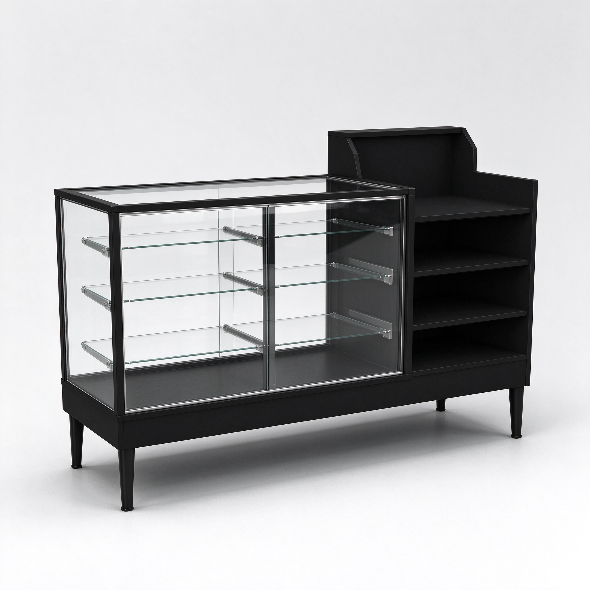 Matte black glass display counter with open shelving on slender legs - left 45 view