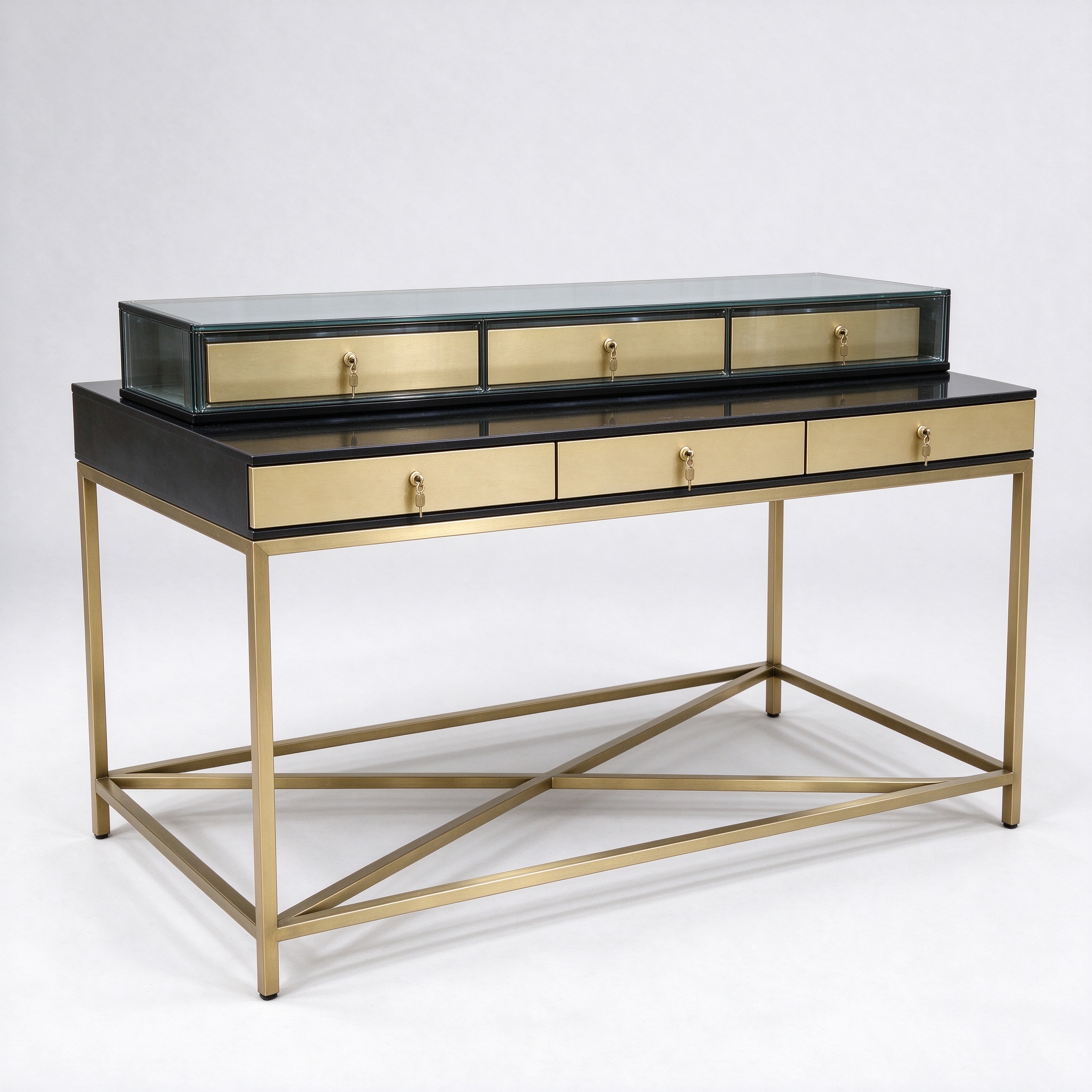 Brushed brass perfume display table left 45 degree view
