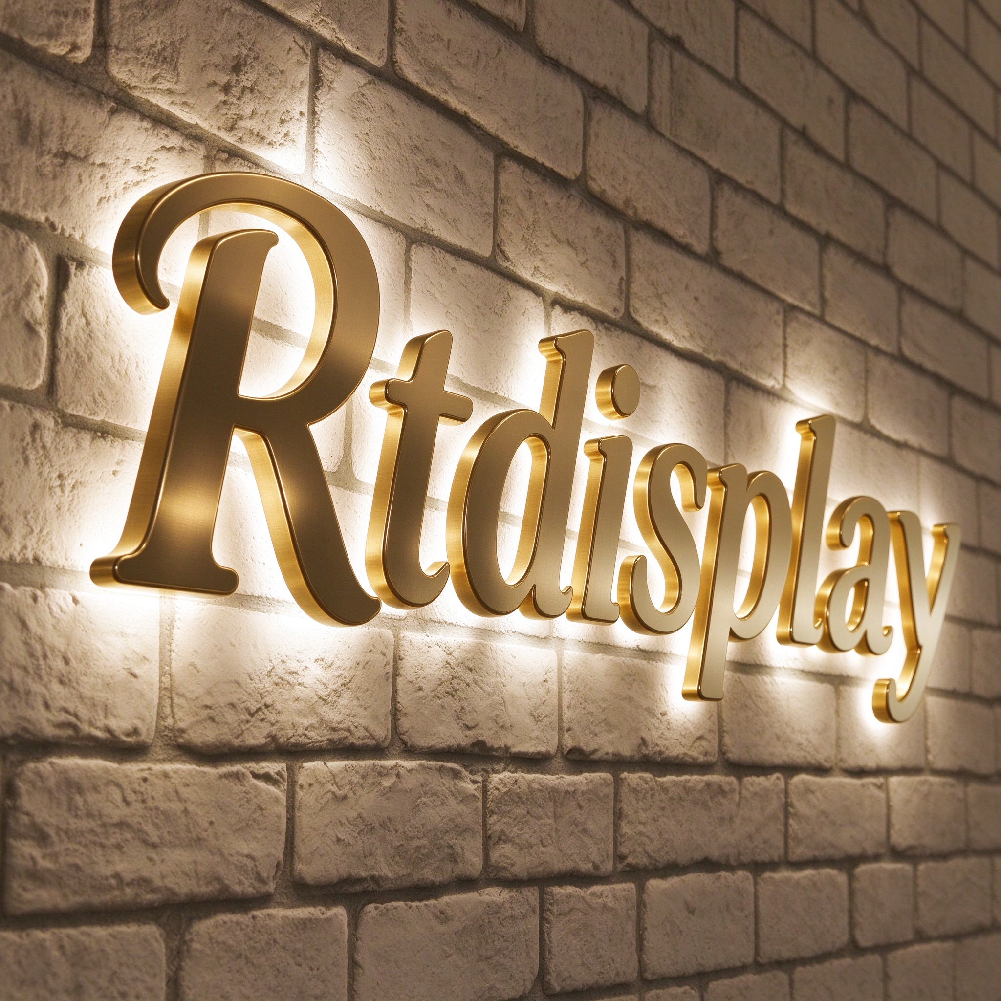 Brushed gold 3D backlit channel letters on white brick wall, left 45 degree angle