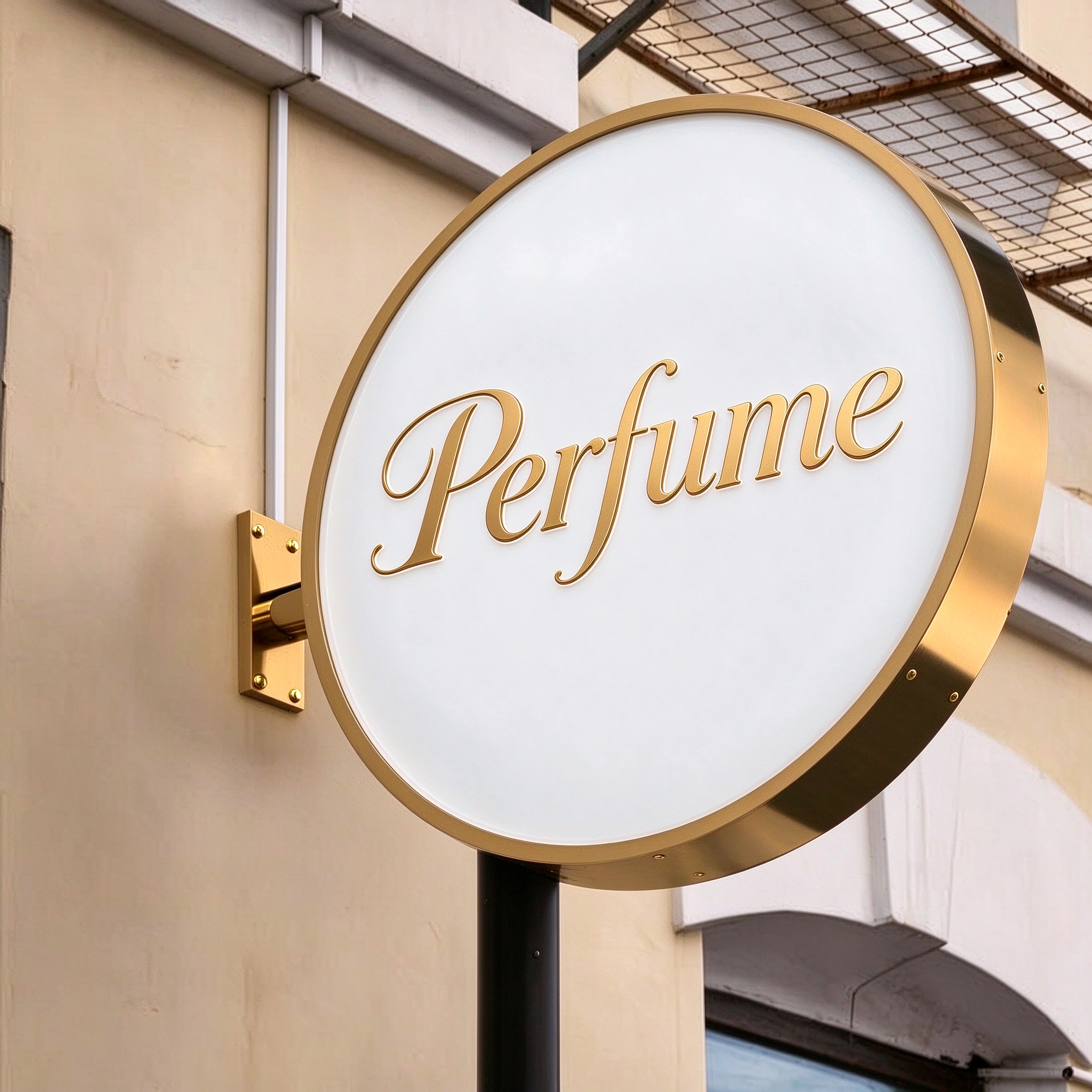 Round gold LED light box sign with Perfume text, right 45 degree angle view