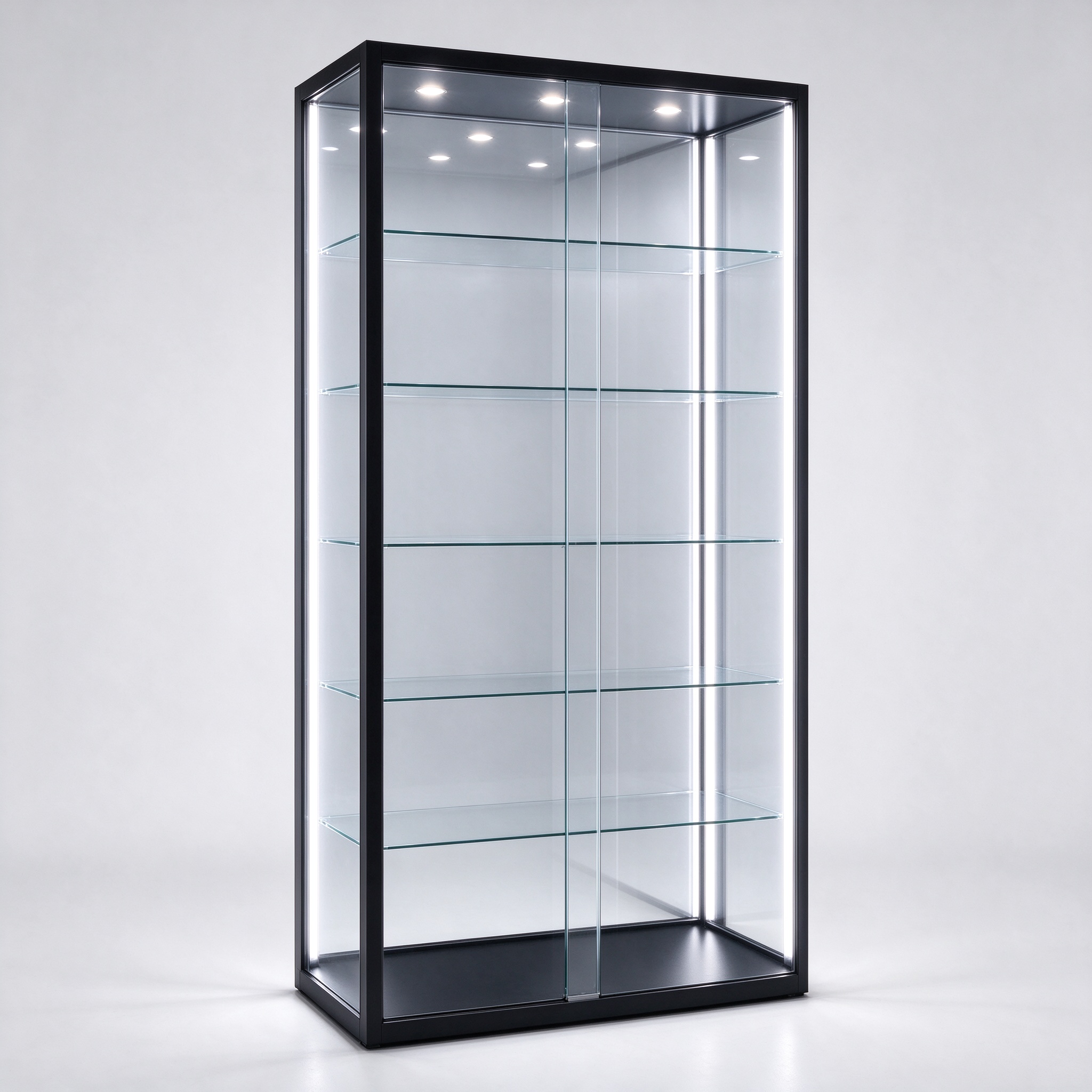 Black frame LED lighted glass display case left 45 degree view