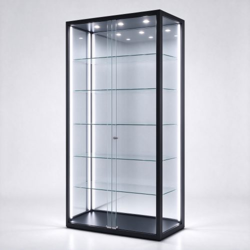 Black frame LED lighted glass display case right 45 degree view