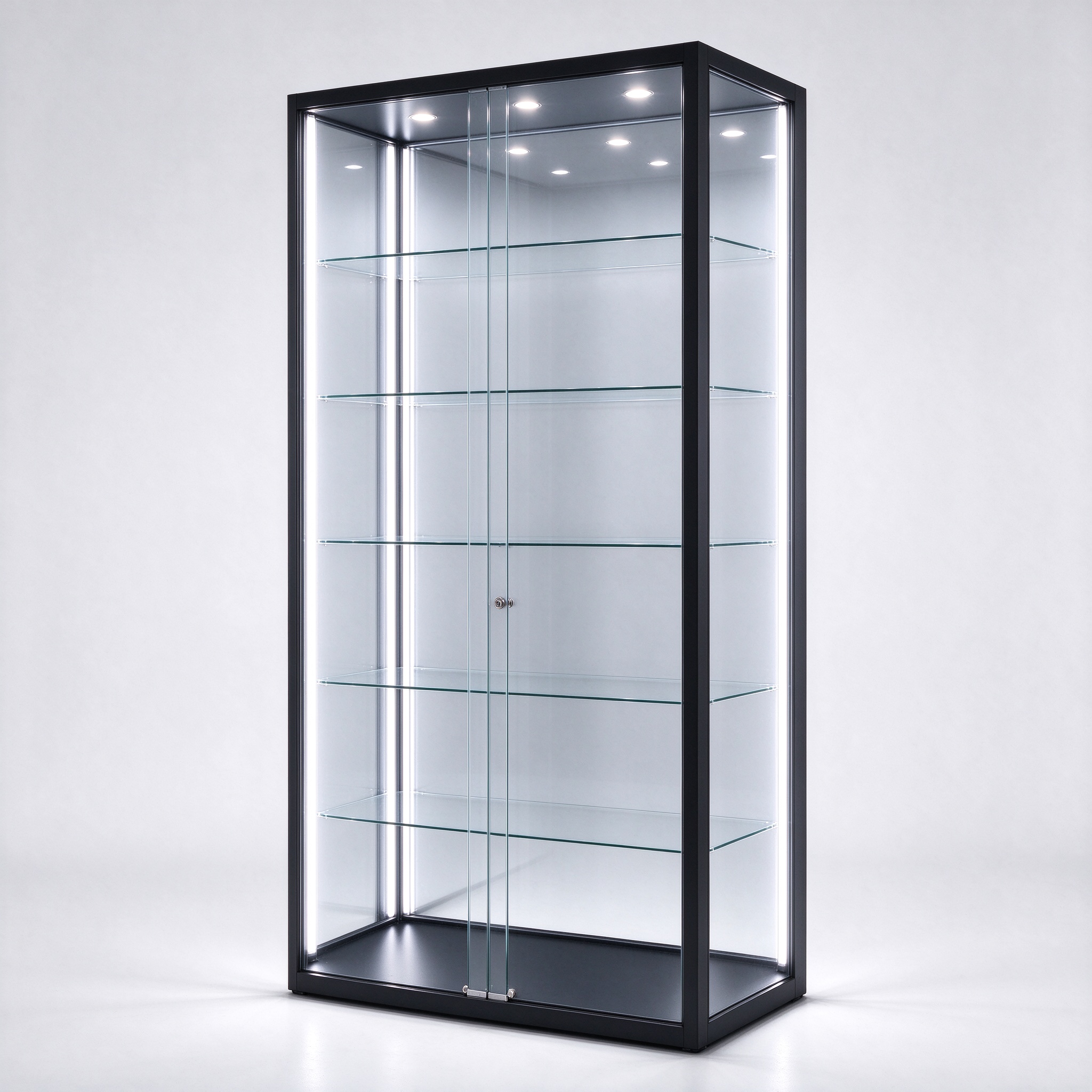 Black frame LED lighted glass display case right 45 degree view