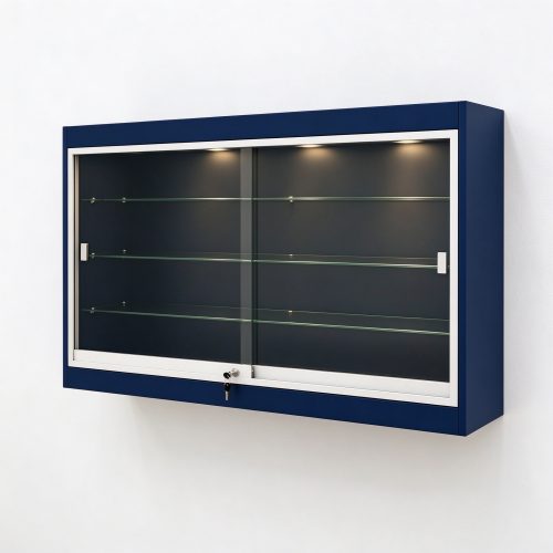 Navy blue wall mounted locking display case left 45 view