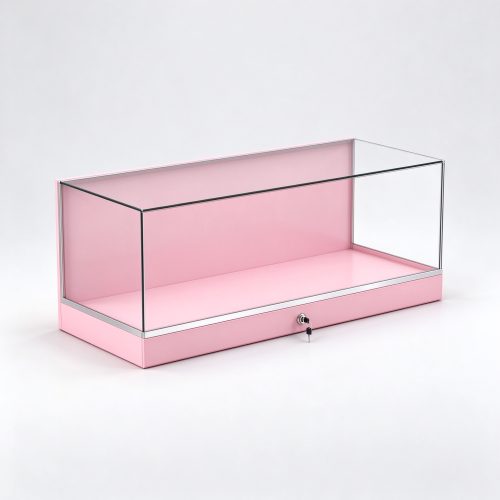 Pink countertop locking glass display case left 45 view