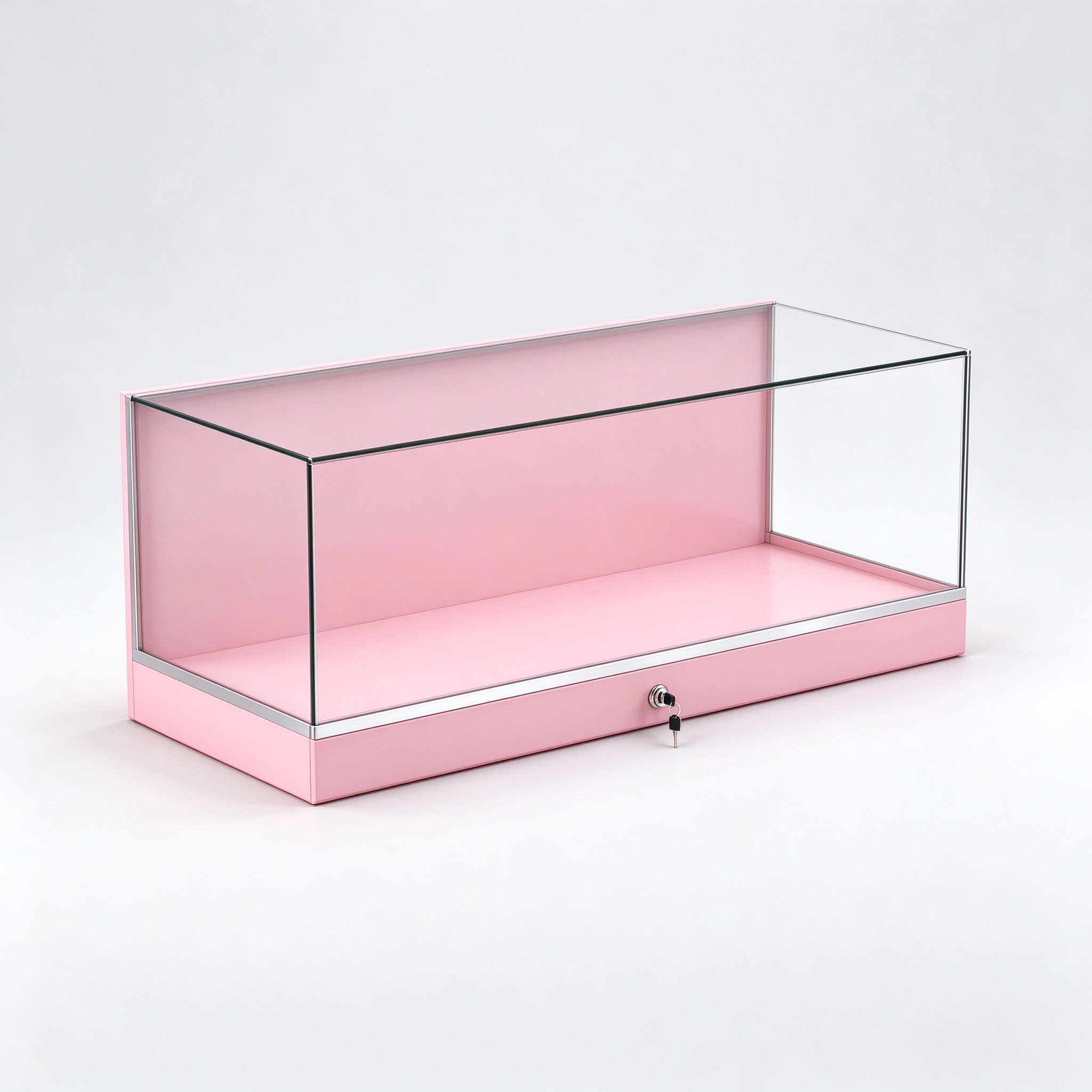 Pink countertop locking glass display case left 45 view