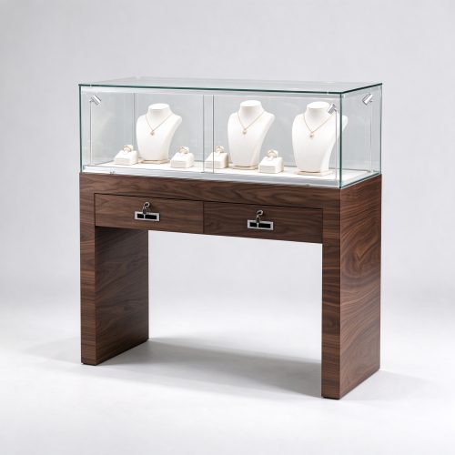 Lockable walnut jewelry display table left 45 view