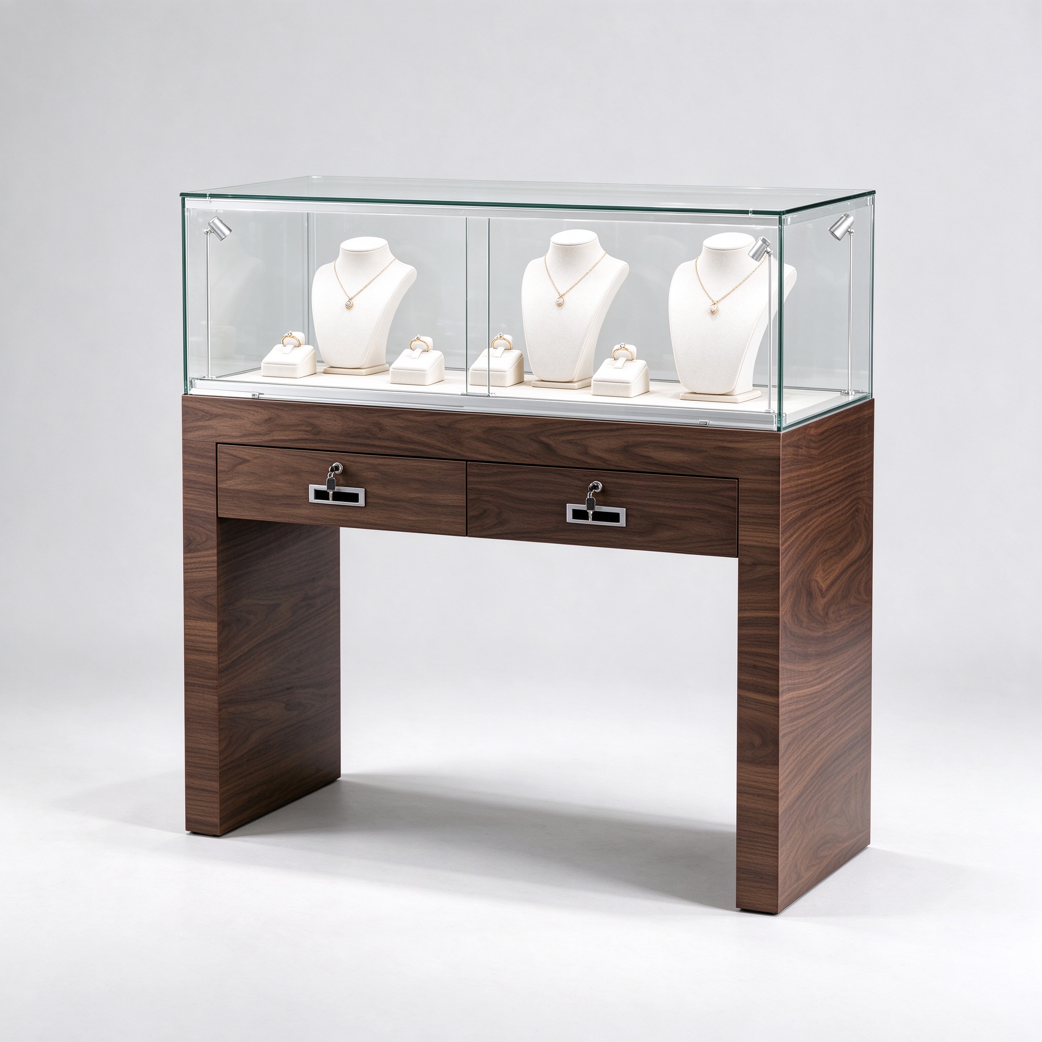 Lockable walnut jewelry display table left 45 view