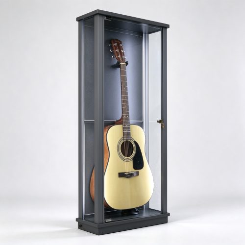 Dark gray lockable guitar display showcase left 45 view