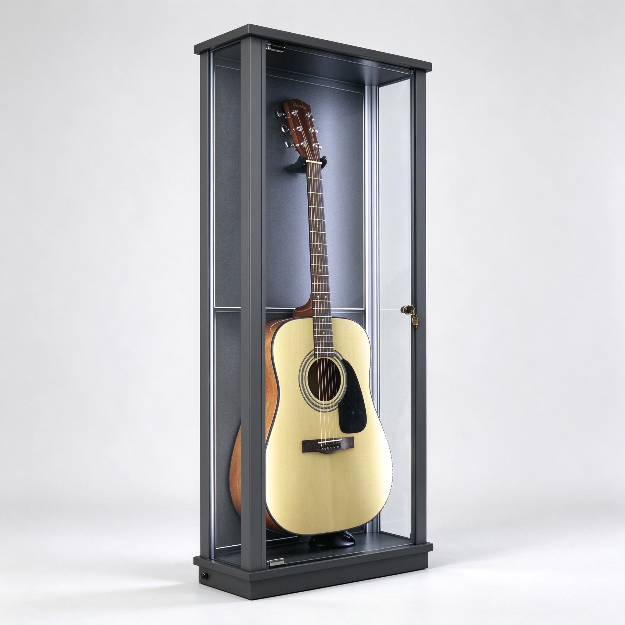 Dark gray lockable guitar display showcase left 45 view