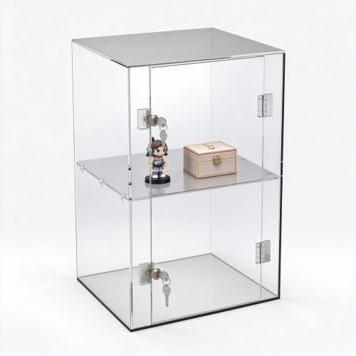 Clear acrylic lockable display case left 45 view