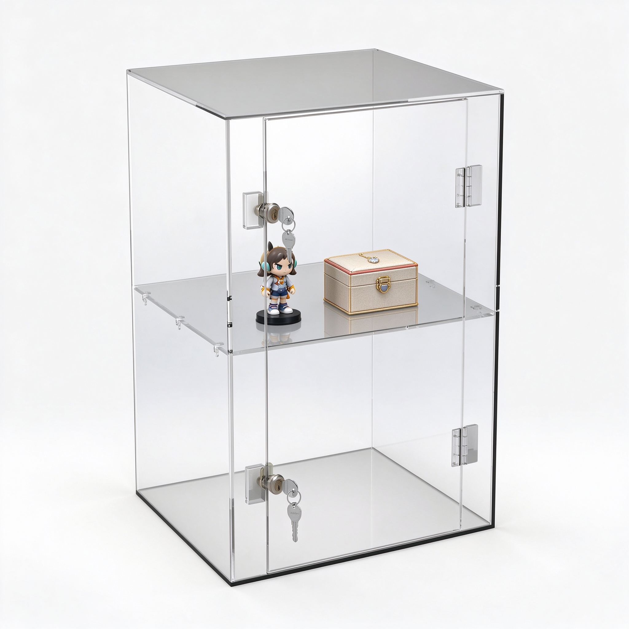 Clear acrylic lockable display case left 45 view