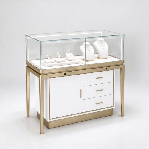 White lockable jewelry counter champagne gold left 45 view