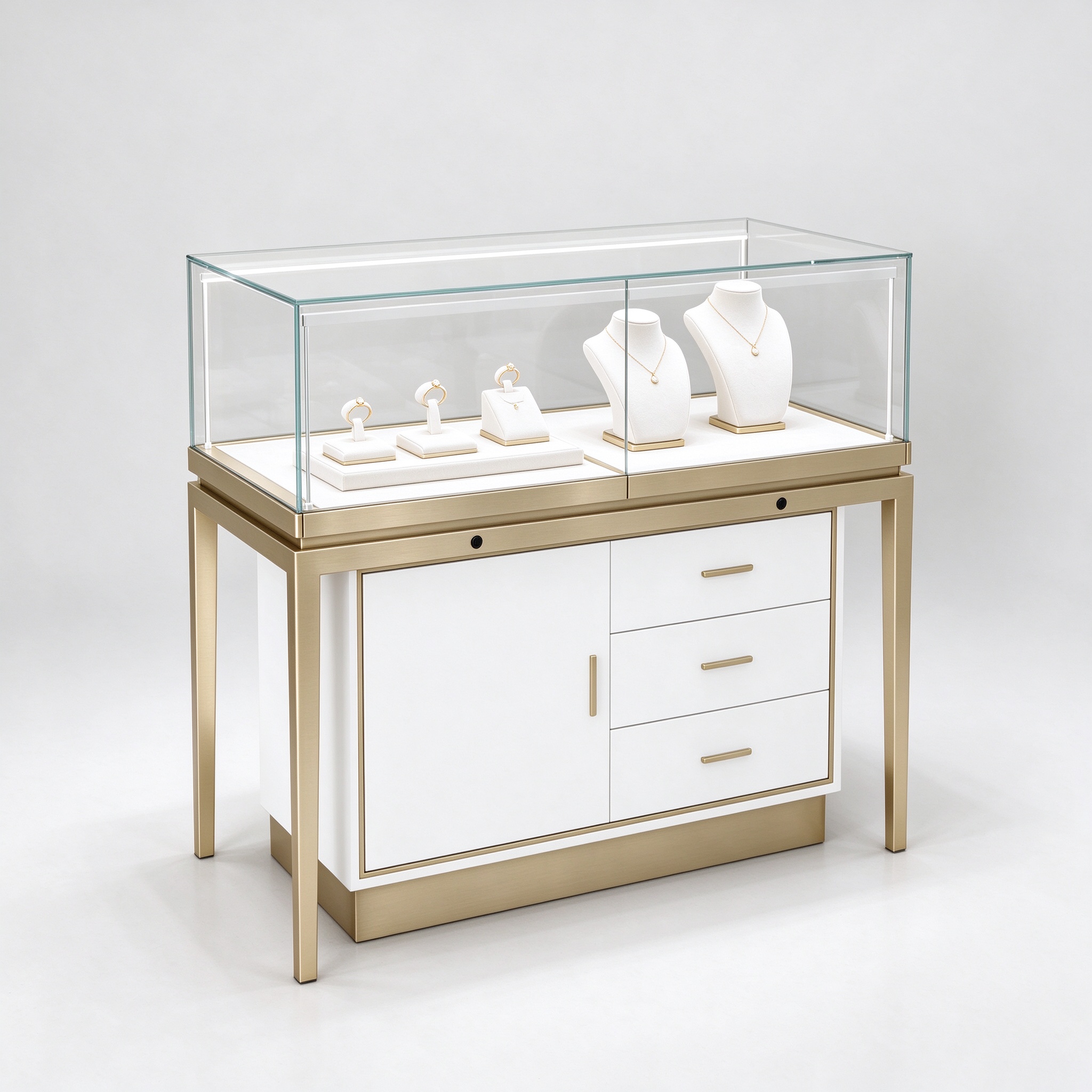 White lockable jewelry counter champagne gold left 45 view