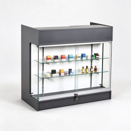 Dark gray lockable glass counter showcase left 45 view
