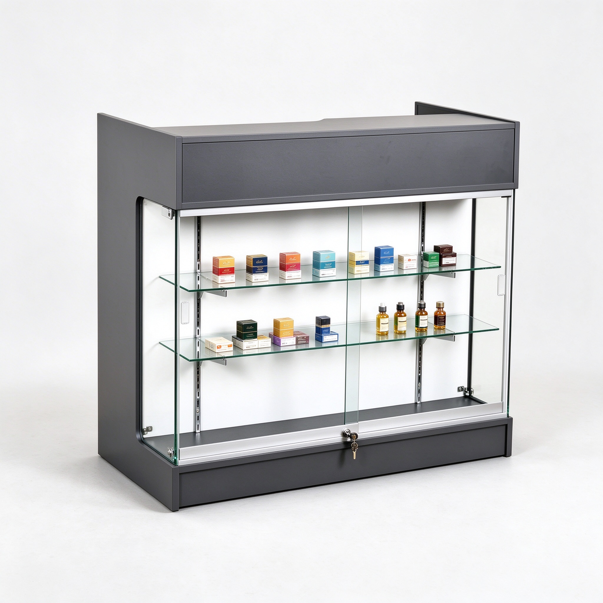 Dark gray lockable glass counter showcase left 45 view