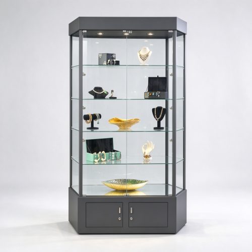 Dark gray floor standing lockable glass cabinet left 45 view