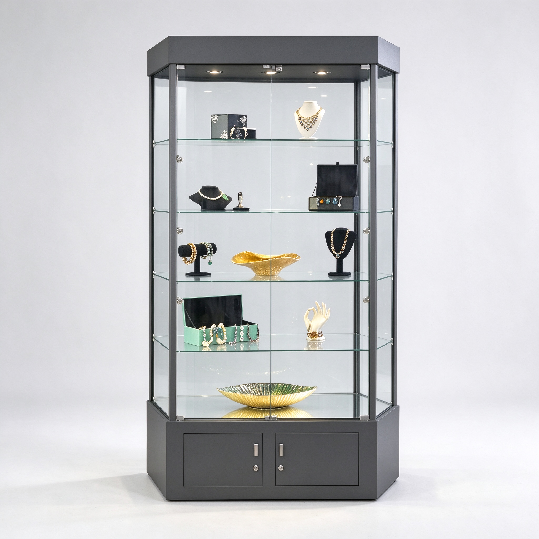 Dark gray floor standing lockable glass cabinet left 45 view