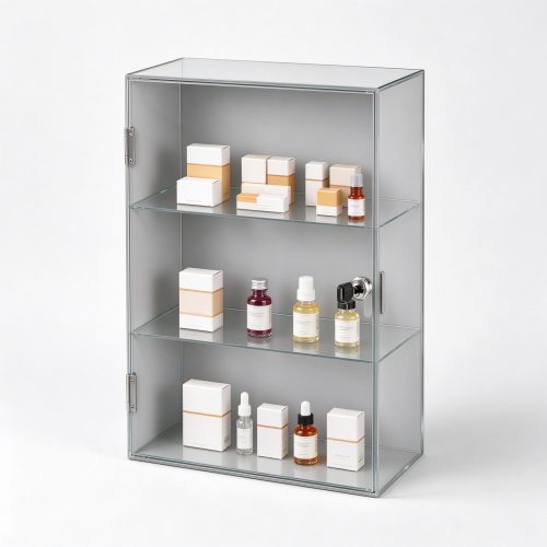 Light gray wall mounted lockable display case left 45 view