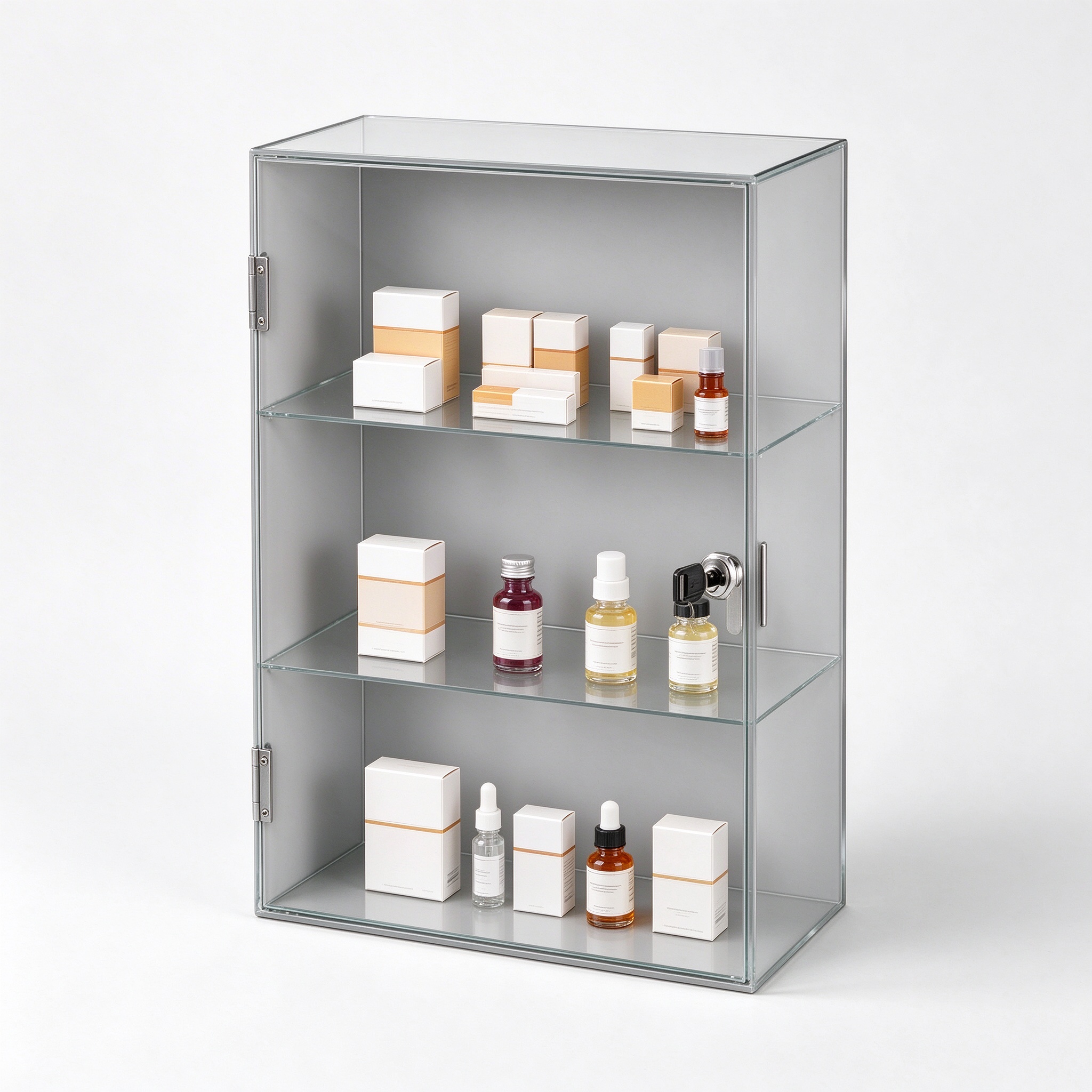 Light gray wall mounted lockable display case left 45 view