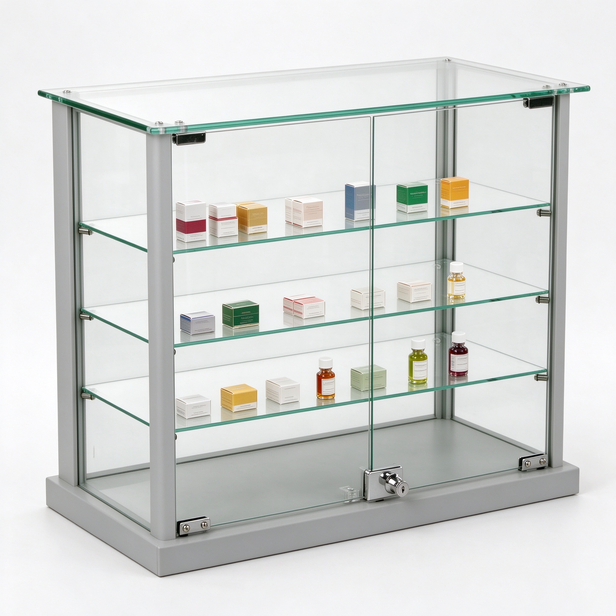 Light gray countertop lockable glass case left 45 view