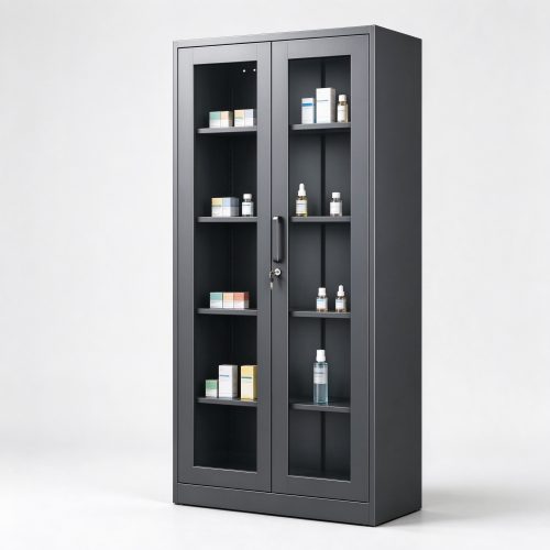 Dark gray metal frame lockable display cabinet left 45 view