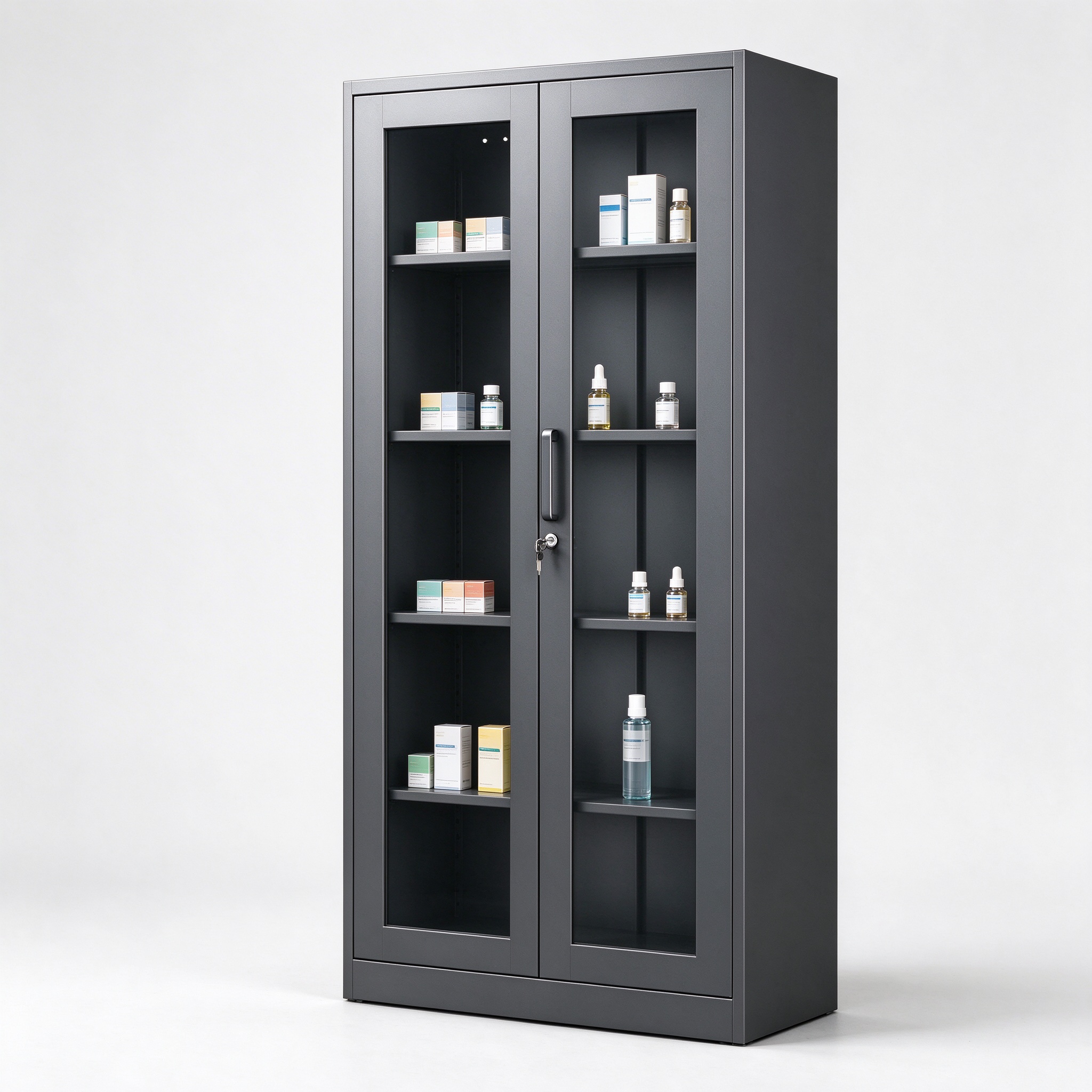 Dark gray metal frame lockable display cabinet left 45 view