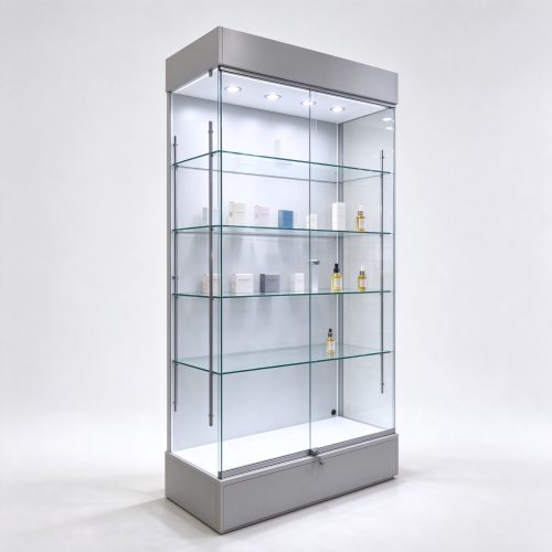 Light gray floor standing lockable glass cabinet left 45 view