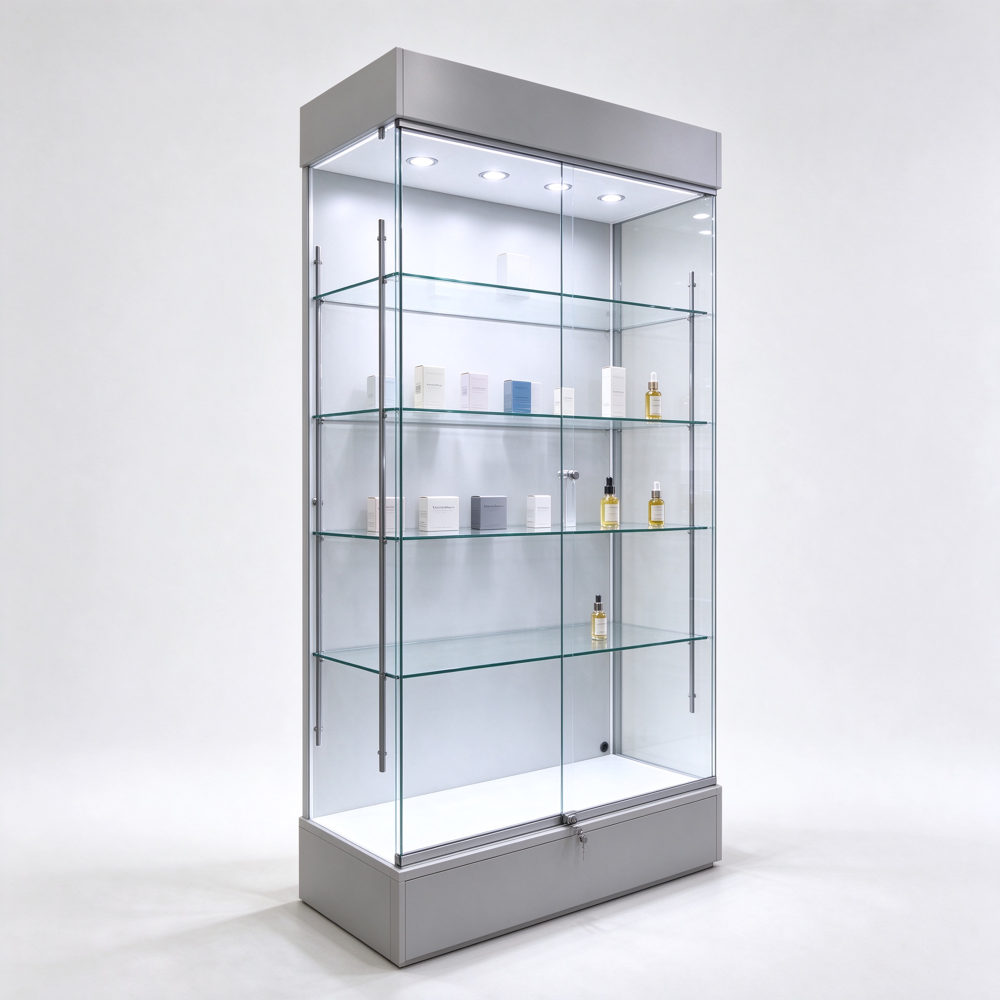 Light gray floor standing lockable glass cabinet left 45 view