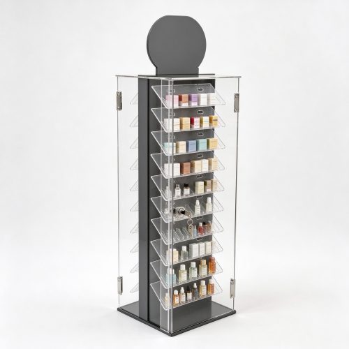 Clear acrylic lockable double-sided display tower left 45 view