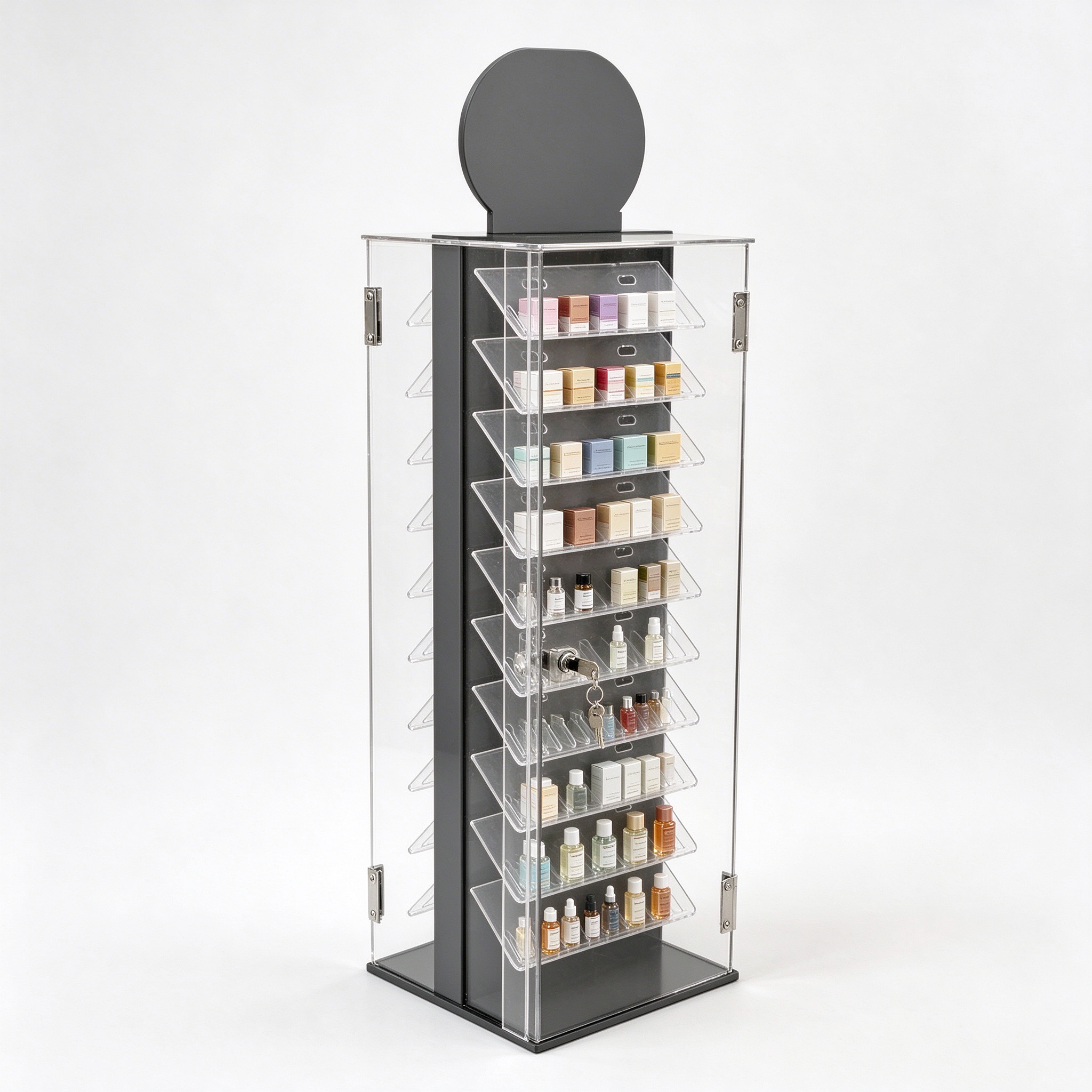 Clear acrylic lockable double-sided display tower left 45 view