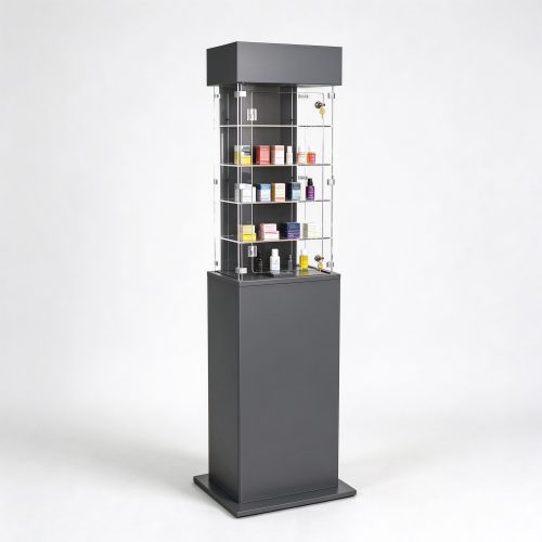 Dark gray floor standing lockable acrylic tower left 45 view