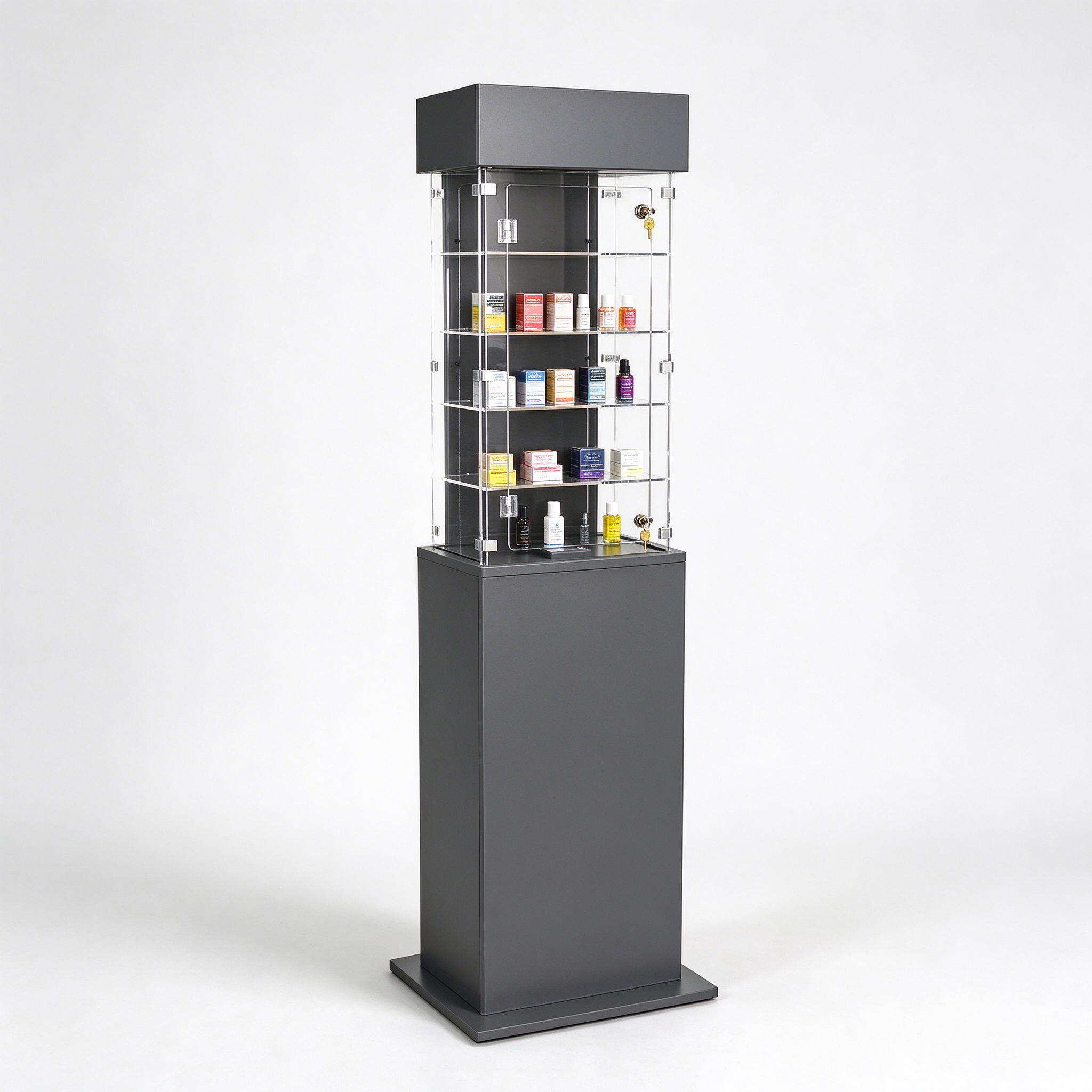 Dark gray floor standing lockable acrylic tower left 45 view