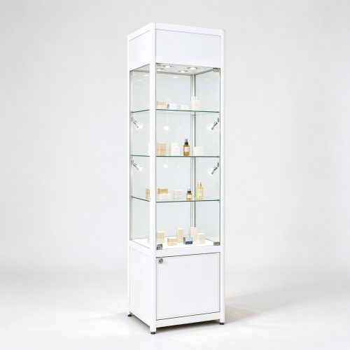 White tall lockable glass display cabinet left 45 view