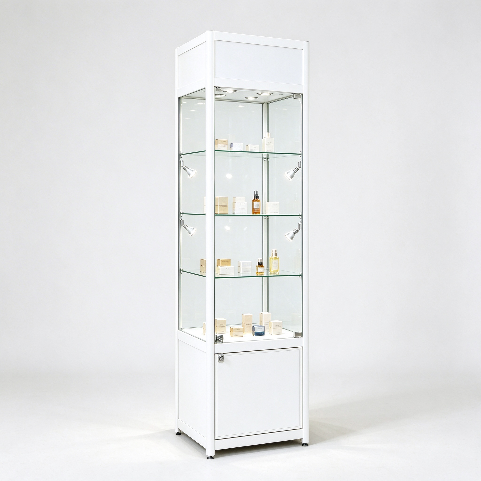 White tall lockable glass display cabinet left 45 view