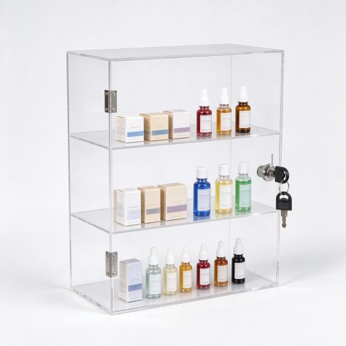 Clear acrylic wall mounted lockable display case left 45 view