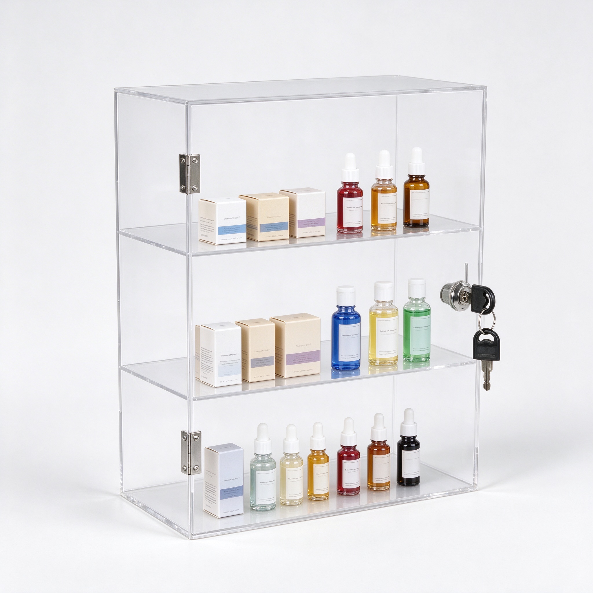 Clear acrylic wall mounted lockable display case left 45 view