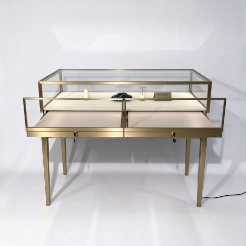 Champagne gold lockable tiered jewelry counter left 45 view