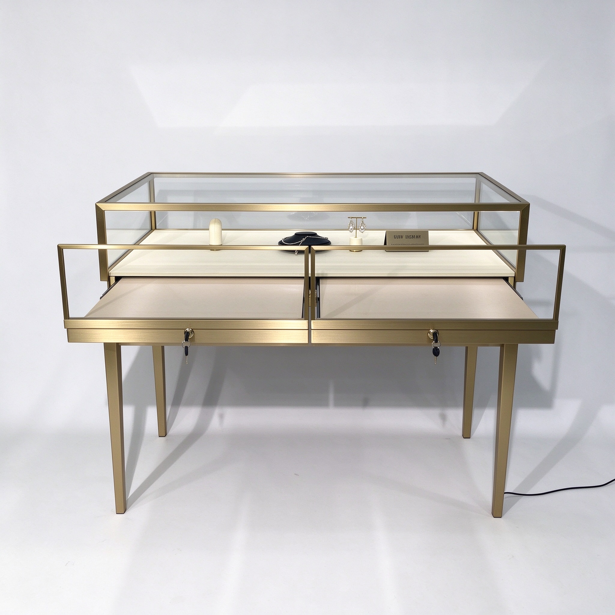 Champagne gold lockable tiered jewelry counter left 45 view