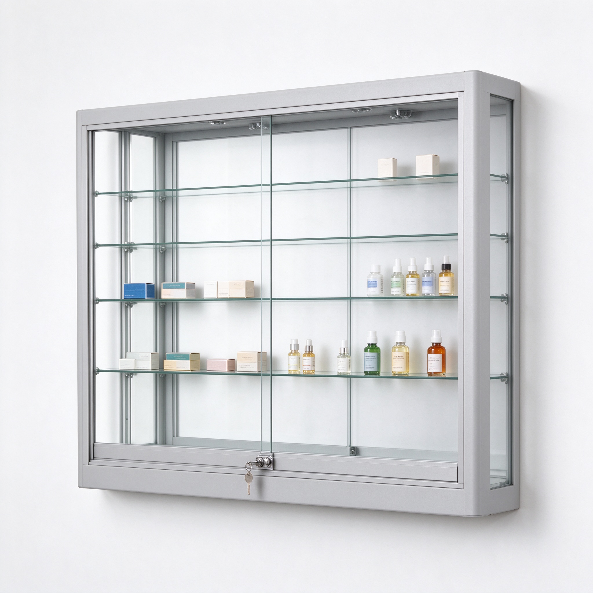 Light gray wall mounted lockable glass display case left 45 view