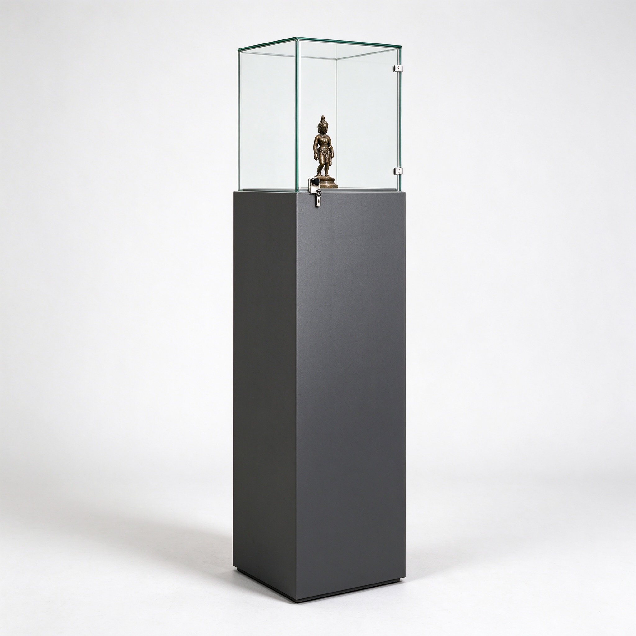 Dark gray pedestal lockable glass display case left 45 view