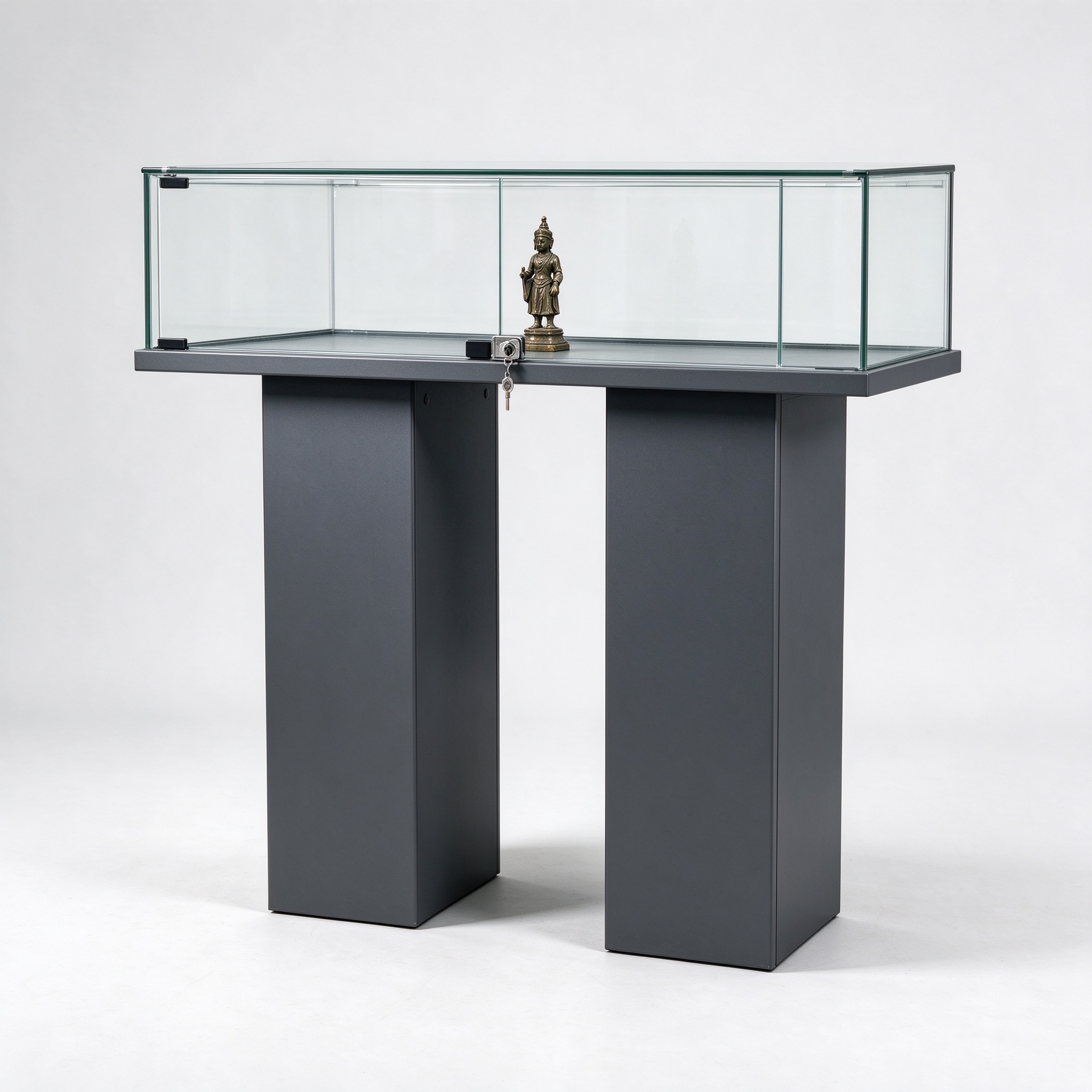 Dark gray twin pedestal lockable glass display table left 45 view