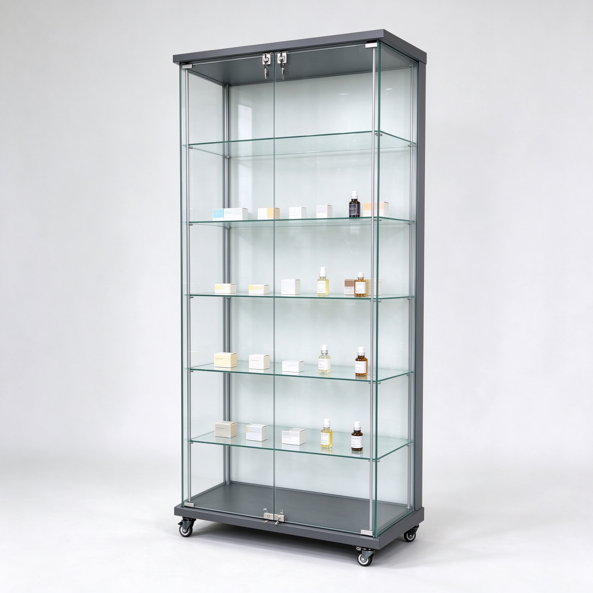 Dark gray floor standing lockable glass display cabinet left 45 view