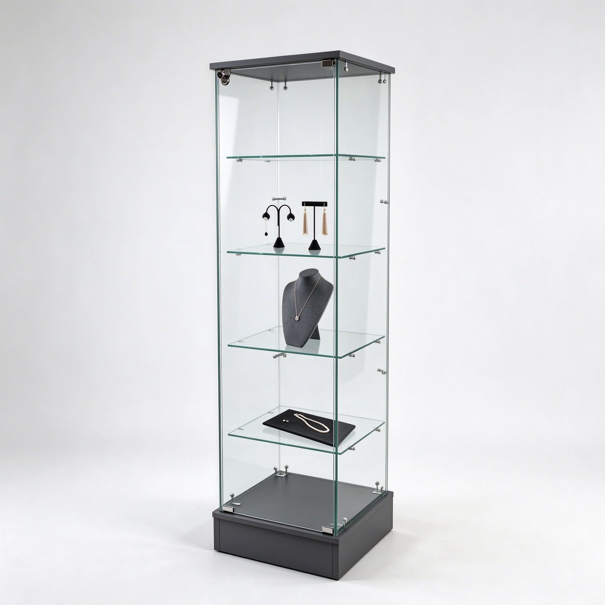 Dark gray tower lockable glass jewelry display case left 45 view