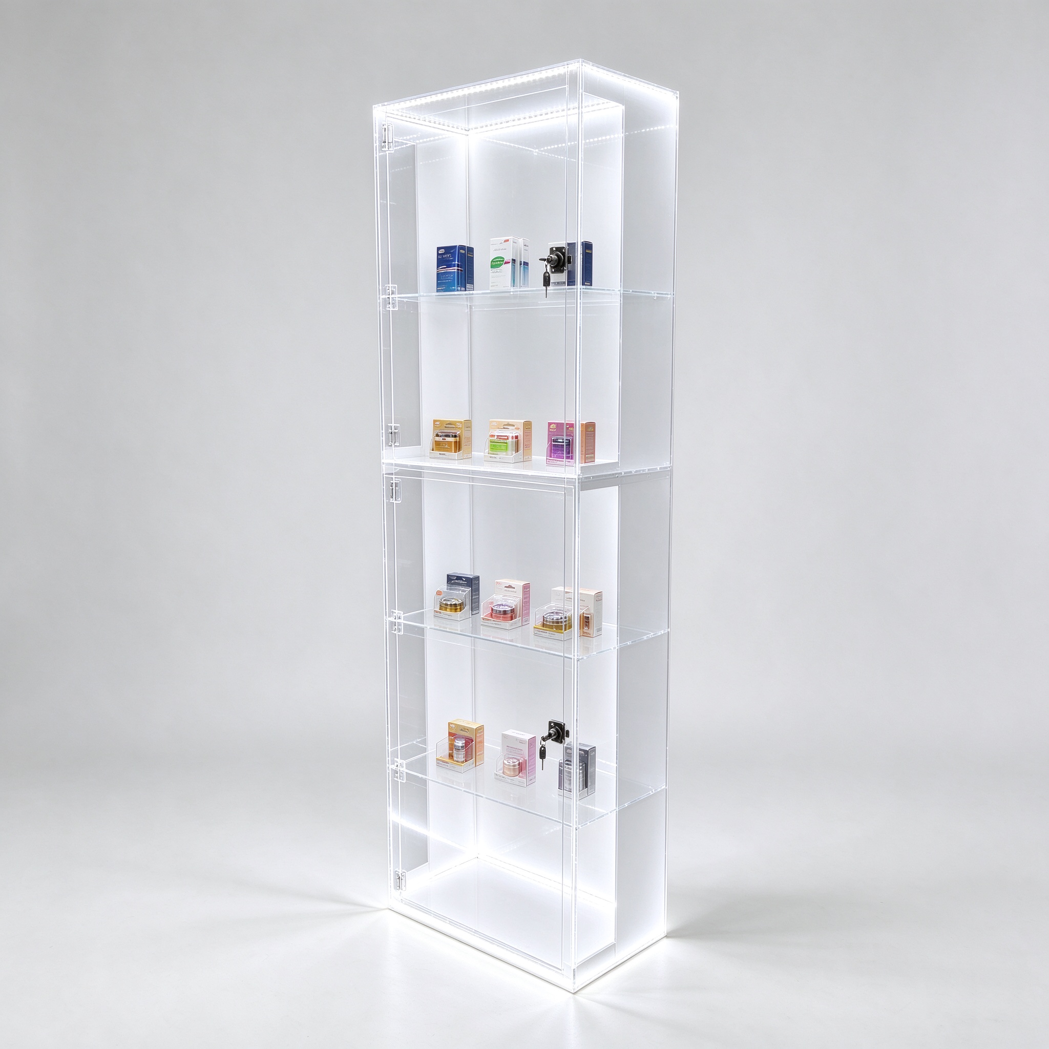 Clear acrylic lockable display cabinet with white LED left 45 view